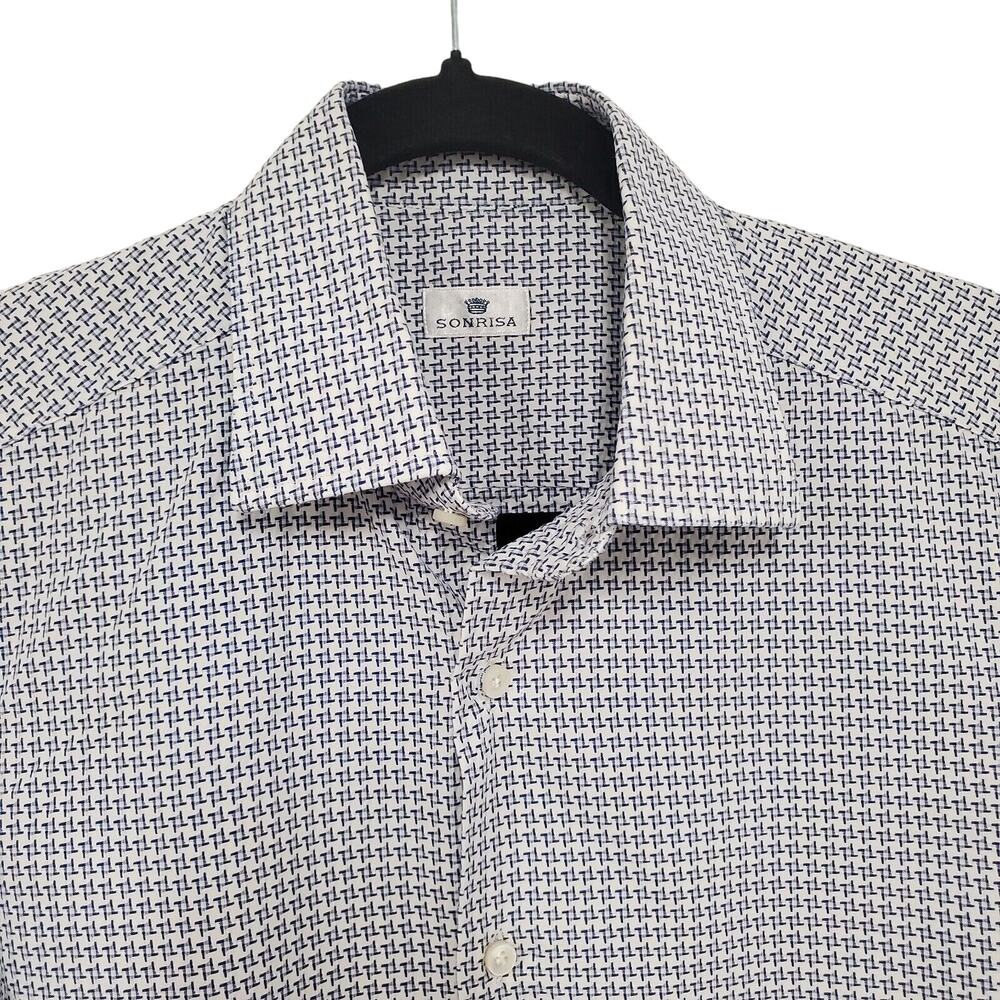 SONRISA Button Up Shirt Mens 15.5 Blue Geometric Long Sleeve Business Office